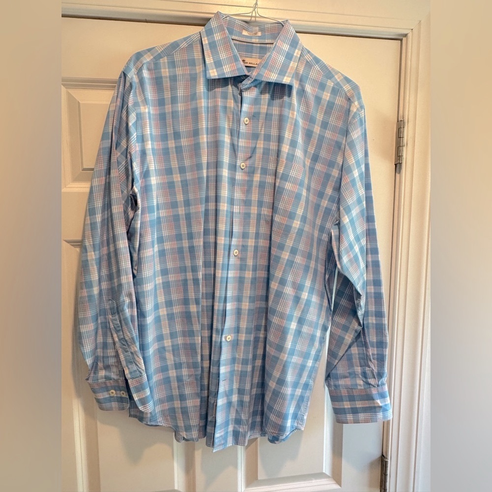 Peter Millar Blue and Pink Plaid Casual Button Down Shirt